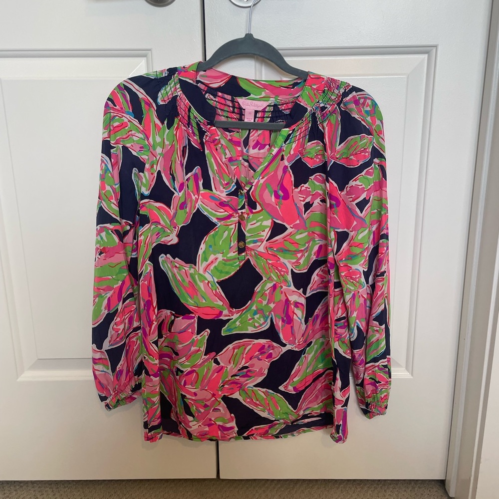 Lilly Pulitzer Multicolor Long Sleeve Silk V-Neck Tunic Top - XS - In The Vias